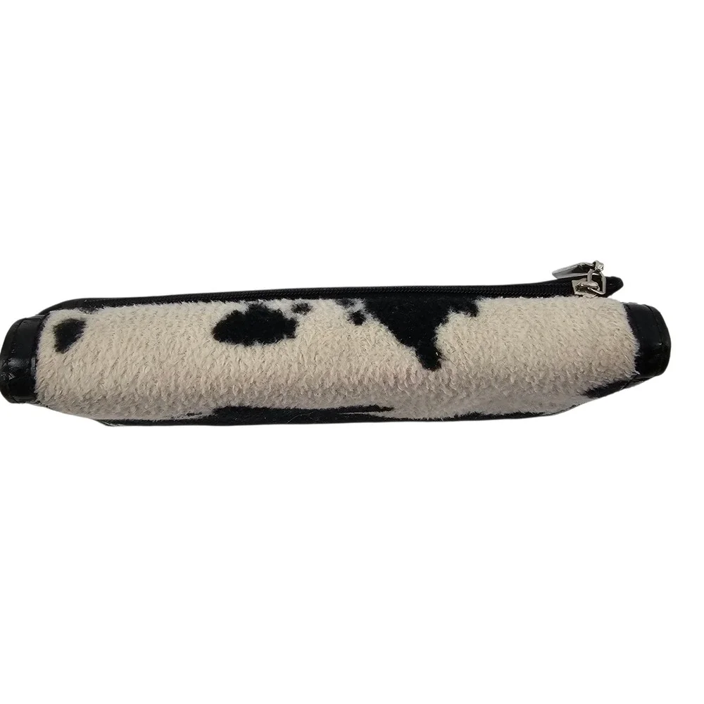 Womens Cow Print Faux Fur Trifold Wallet Black White Animal Pattern Organizer